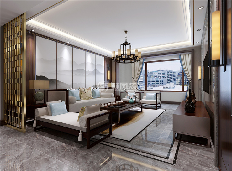 中式風格壁畫沙發(fā)背景墻設(shè)計裝修效果圖